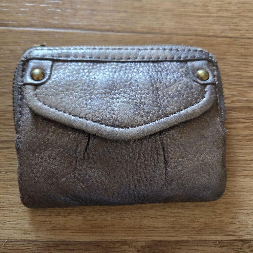 Fossil Metallic Bronze Leather Zip Around Card Wallet Coin Purse 6"